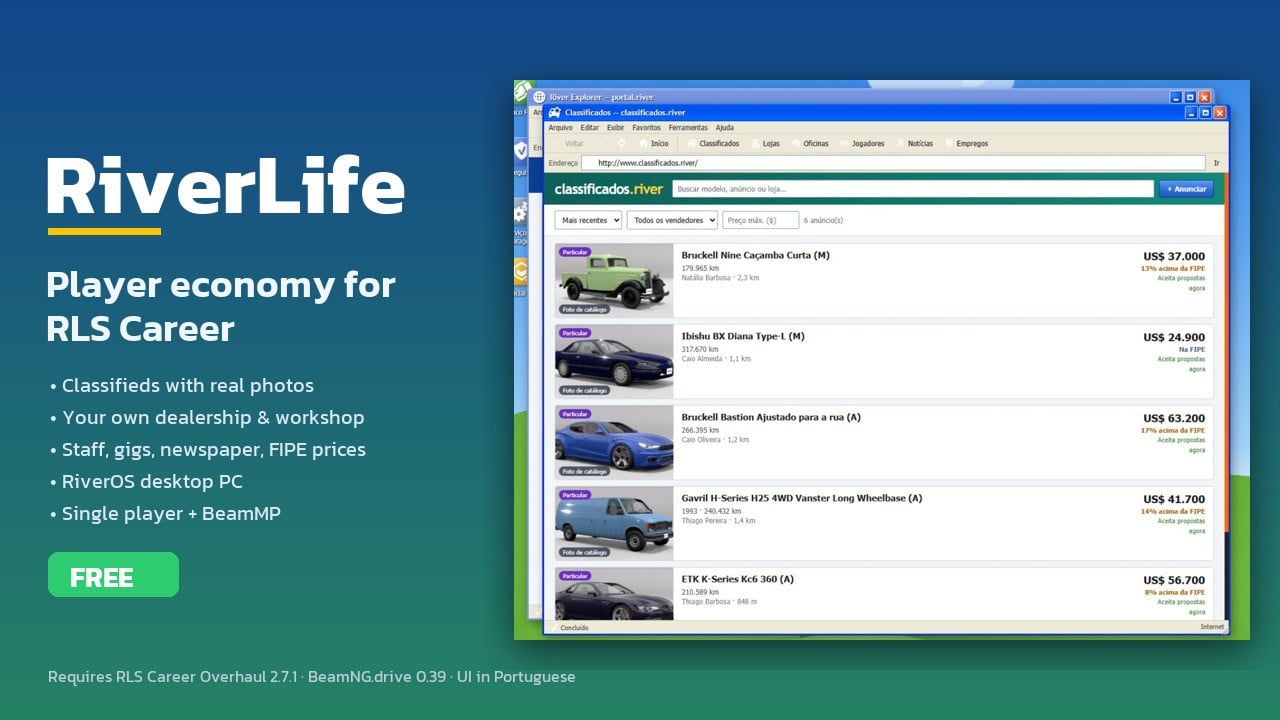 RiverLife - Player Economy for RLS Career (classifieds, dealerships, workshops, BeamMP)
