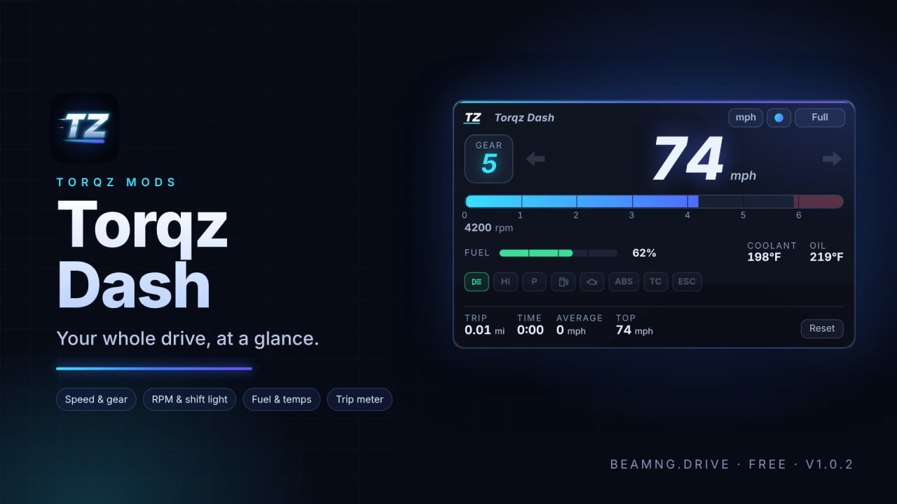 Torqz Dash - Clean Dashboard HUD (Speed, RPM, Fuel, Trip Meter)
